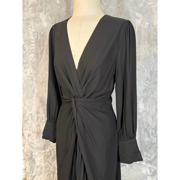 Sandro Paris LBD Black Long Sleeve Wrap Pleated Maxi Dress Luxury Minimalist - Picture 5 of 14